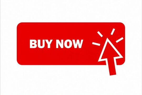 Red buy now button with pointing finger icon and lightning bolt