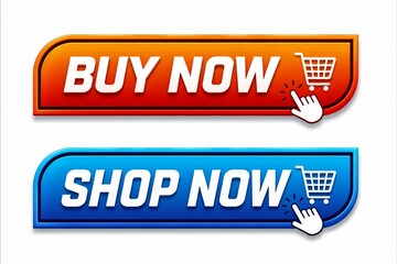 Fototapeta premium Bright buy now and shop now colorful call to action buttons with shopping cart icons