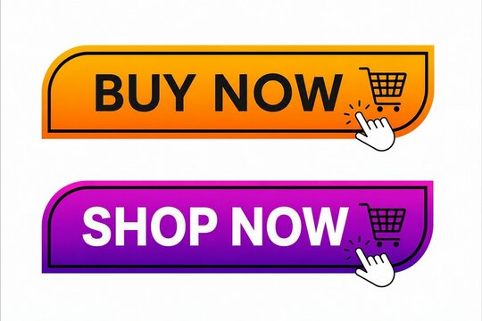 Bright yellow and purple shopping call-to-action buttons with cart icons and click effects
