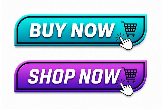 Modern buy now and shop now colorful call to action buttons with shopping cart icons
