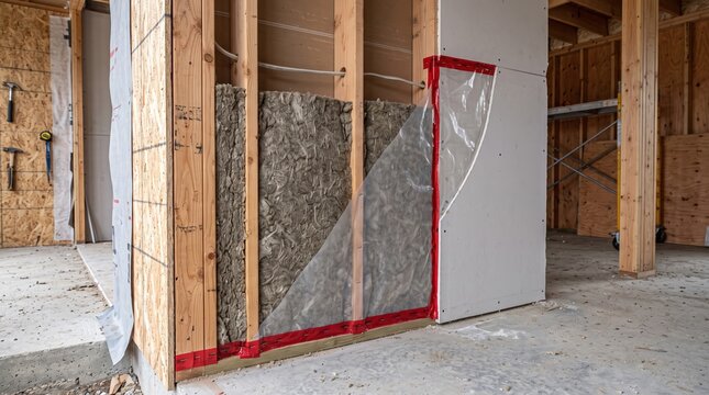 Construction of interior wall with insulation and vapor barrier exposed