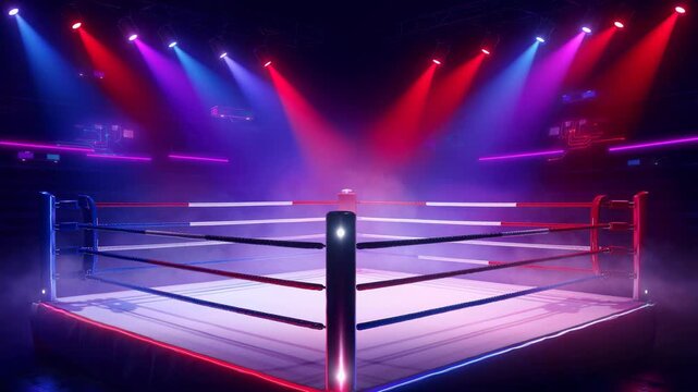 Empty boxing ring with colorful spotlights and dramatic smoke in a modern arena setting