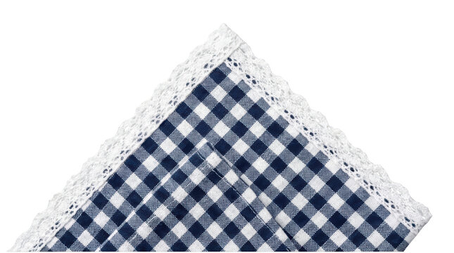 Blue gingham handkerchief with white lace border isolated on transparent background