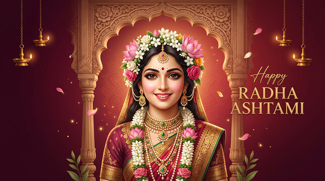 Elegant traditional indian woman adorned with floral garland and jewelry celebrating spiritual festive occasion with adorned vibrant floral crown ornate jewelry