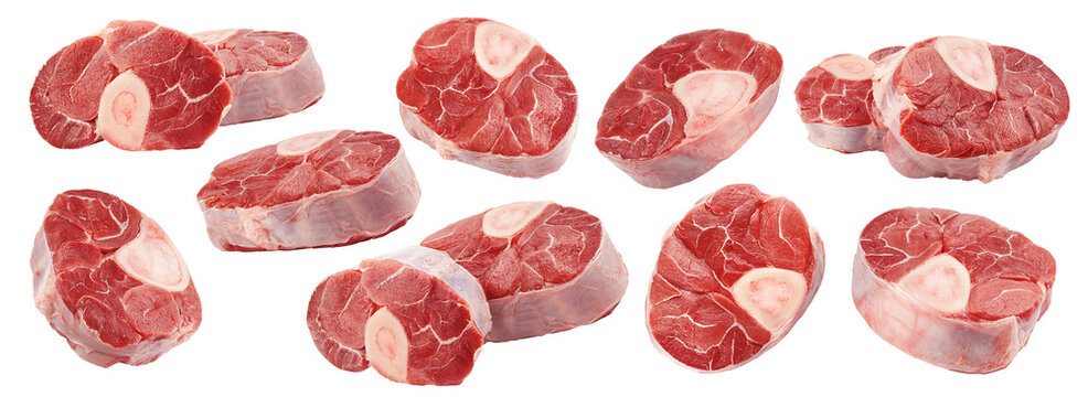 Sliced beef shank, osso bucco steak, isolated, full depth of field