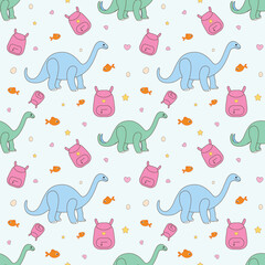 Dinosaur seamless pattern with brontosaurus and school bag © EkhlasAsia