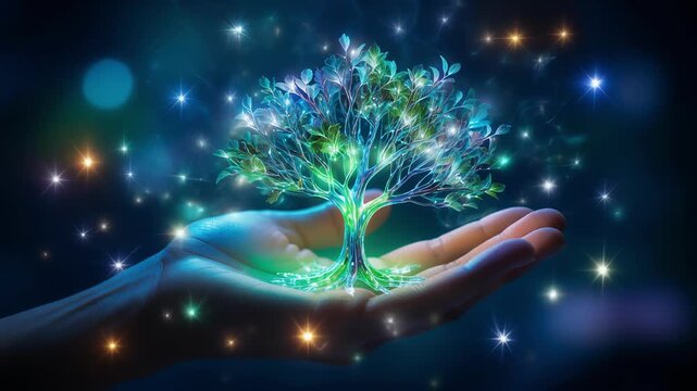 Glowing magical tree held in human hand with sparkling lights and vibrant nature elements