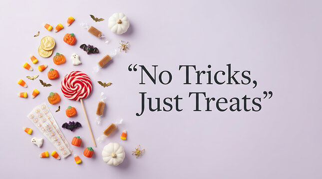 Colorful candy pieces with no tricks just treats sign on light background
