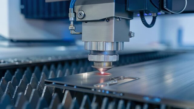 High precision industrial laser cutting machine engraving metal with sparks in modern factory