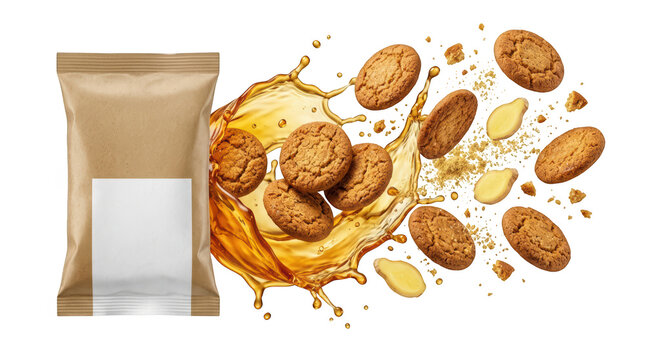 A bag with ginger cookies and a liquid splash, isolated on transparent background