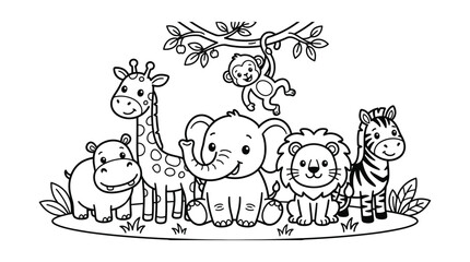 Fototapeta premium Cute Jungle Animal Friends Together Coloring Page For Kids Vector Illustration