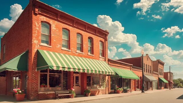 Charming small town street with vintage brick buildings and green awnings under a bright blue sky
