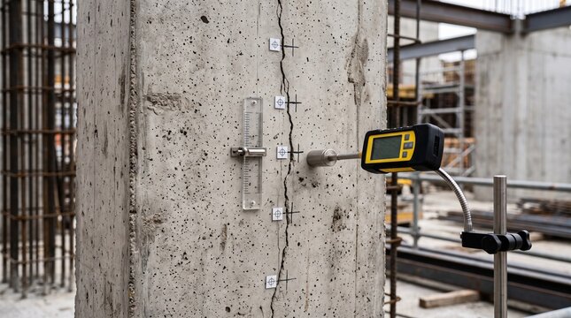 Concrete crack measurement device attached to a pillar on construction site