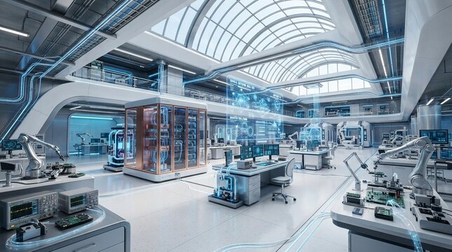 Futuristic High Tech Laboratory with Robotic Arms and Holographic Data Interfaces for Advanced Research