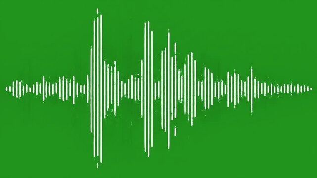 Animaci&oacute;n de espectro y onda de audio en color blanco con fondo de pantalla verde (chroma key), ideal para visualizar m&uacute;sica, podcast o efectos de sonido.
