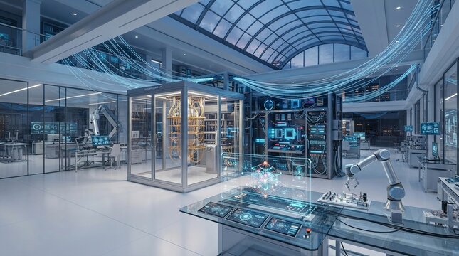 Futuristic Quantum Computing Research Lab with Robotic Arm and Glowing Data Streams in Modern Facility