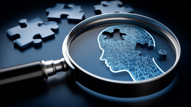 A magnifying glass focused on a human profile with puzzle pieces representing psychology, cognition and problem solving.
