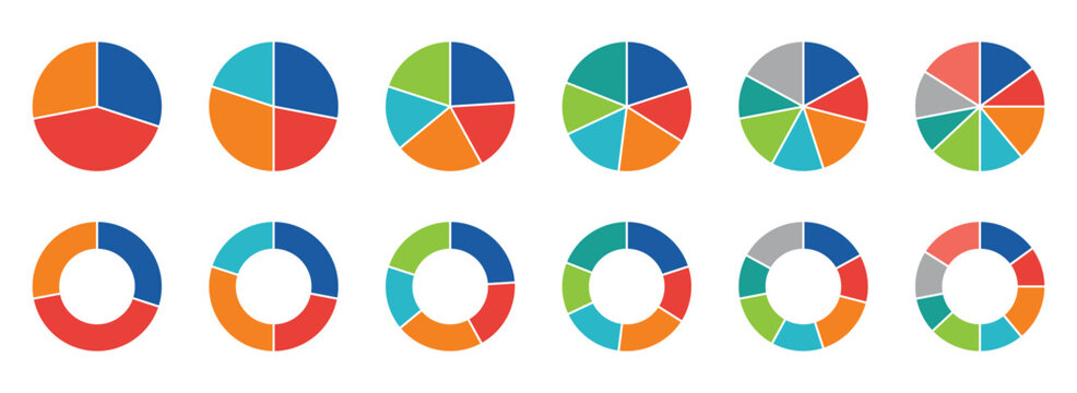 Circular Infographic Chart Collection with Colorful Segmented Pie and Donut Charts Showing Different Data Proportions for Business Analytics and Data Visualization Editable EPS Vector Illustration
