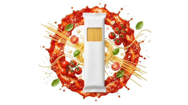 Spaghetti package with tomato sauce isolated on white isolated on transparent background