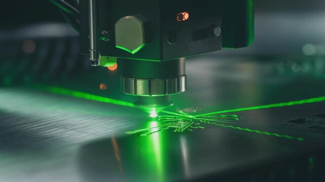 Close up of industrial laser cutting metal sheet with sparks and precision technology in manufacturing process