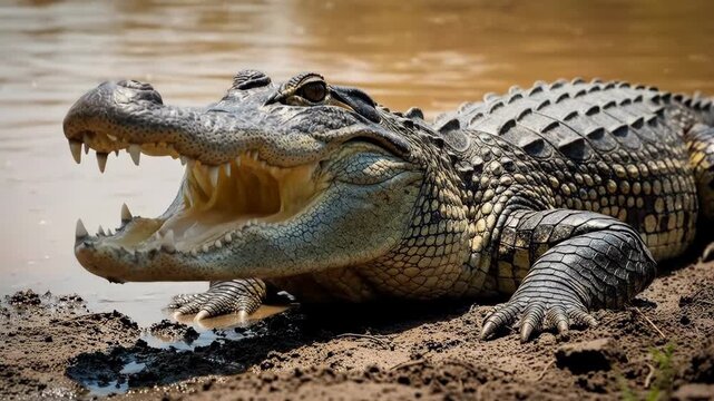 Powerful alligator resting on a muddy riverbank with its mouth slightly open.