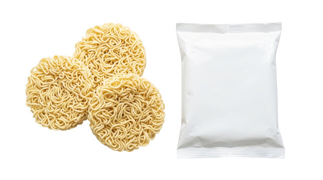 Uncooked round instant noodles with white packaging isolated on transparent background