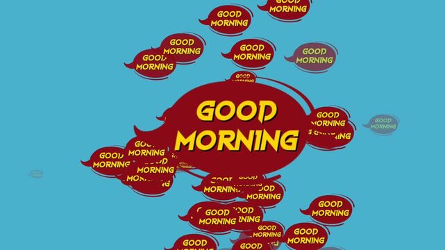 Bright red speech bubbles with 'Good Morning' text on blue background