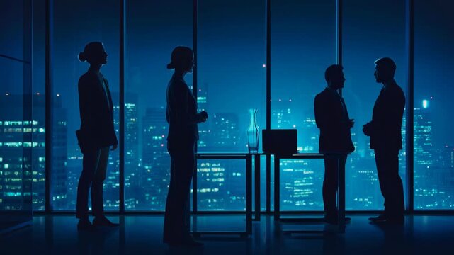 Silhouetted business people meeting in modern office with city skyline at night vibrant corporate teamwork concept