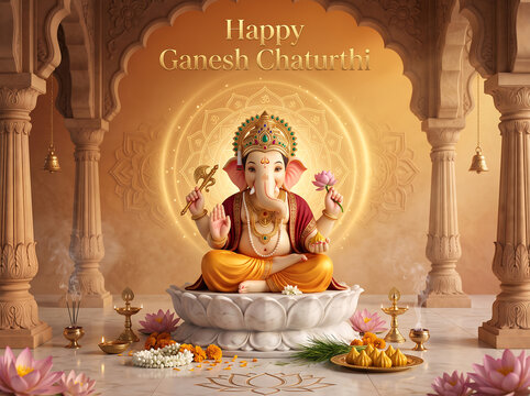 Ornate golden deity statue seated upon marble lotus throne within traditional temple architecture during festive celebration with surrounded traditional offerings
