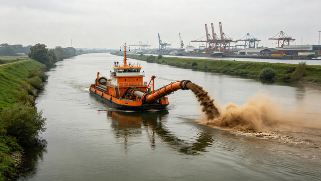 Orange dredger vessel with discharge pipe on calm river, industrial waterway and sediment concept