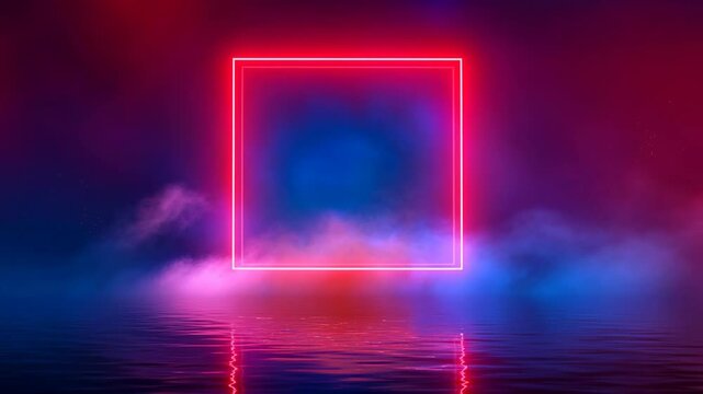 Vibrant neon glowing square with pink and blue smoke reflected on water surface in dark background