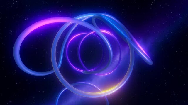 Abstract glowing neon loops swirling in deep space with stars and cosmic background vibrant colors
