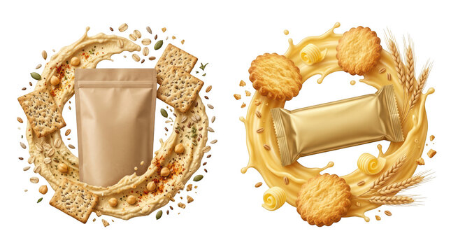 Two mockup packaging designs with cookies and grains isolated on white isolated on transparent background