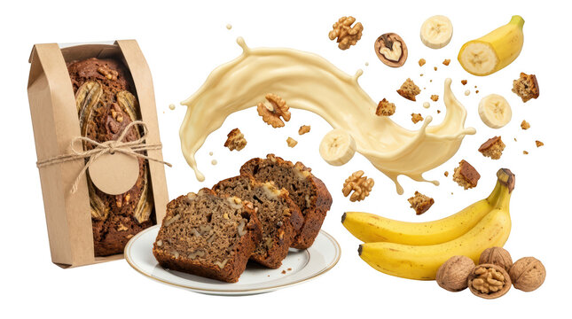 Banana bread with nuts and milk splash isolated isolated on transparent background