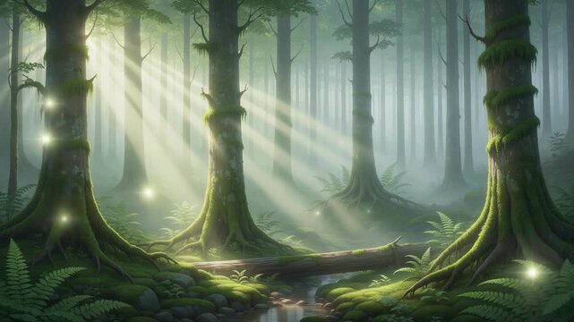 Sunlight filtering through dense forest trees with moss and ferns in a misty woodland landscape
