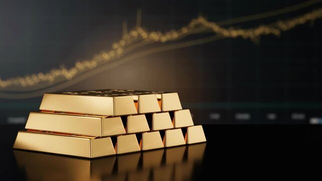 Stack of shiny gold bars with financial growth chart background symbolizing wealth and investment