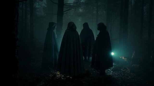 Mysterious hooded figures gathering in a dark foggy forest at night with eerie glowing light