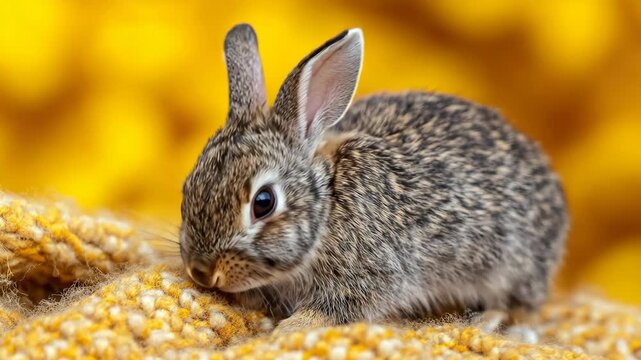 Adorable baby rabbit with soft fur sitting on a cozy yellow knitted blanket