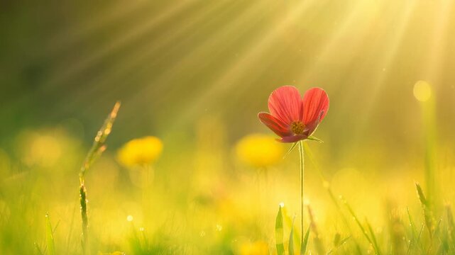 Red wildflower blooming in golden sunlight with green grass and yellow flowers in nature field