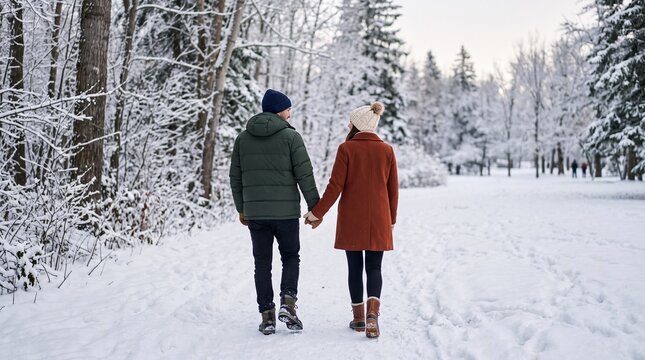 Young couple walking hand in hand along a snow-covered path through a winter forest.