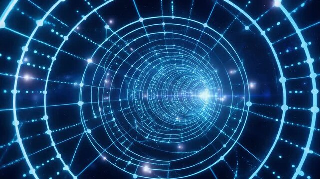 Futuristic glowing digital tunnel with blue light particles and abstract technology background