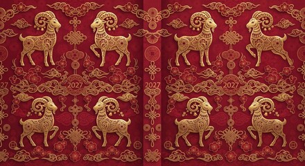Fototapeta premium Seamless pattern background with 2027 Chinese New Year golden rams and traditional symbols on red.