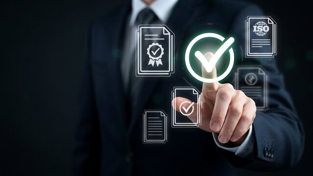 Businessman touching digital checkmark icon for quality assurance and document compliance.