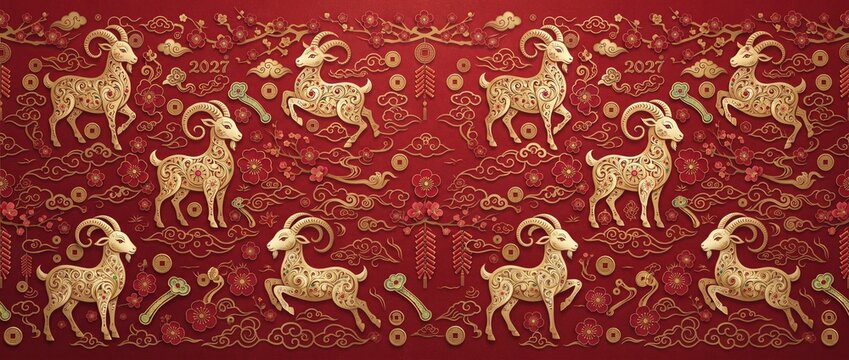 Seamless pattern background with golden goats and traditional Chinese ornaments on red surface for 2027.