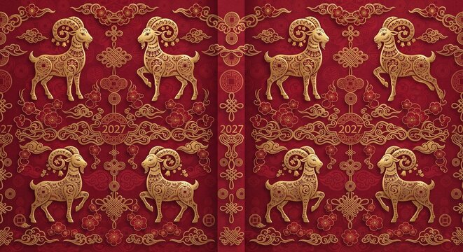 Seamless pattern background with 2027 Chinese New Year golden rams and traditional symbols on red.