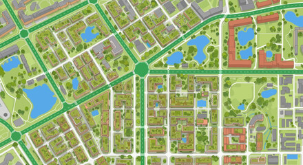 Fototapeta premium Top down city map vector illustration showing urban planning with residential blocks parks and roads