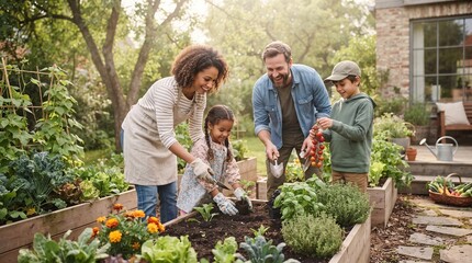 Fototapeta premium Happy multiethnic family gardening together in backyard raised beds with fresh vegetables and smiling.