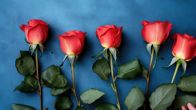 Five Bicolor Roses on a Textured Blue Background