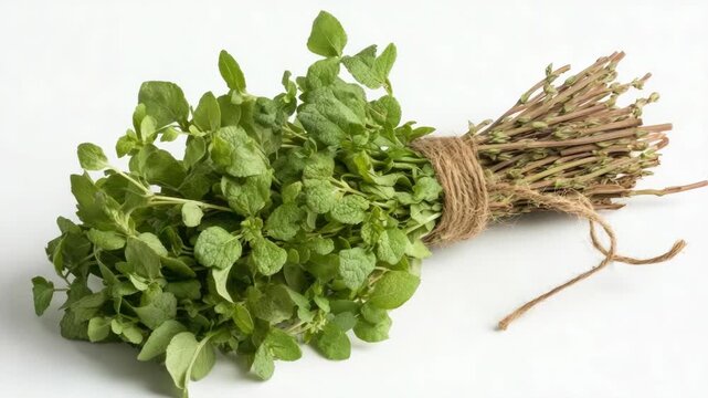 Bundle of Fresh Oregano Herbs Tied with Twine on White Background