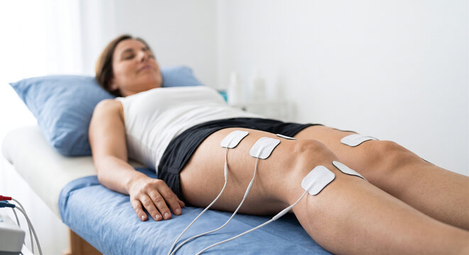 Close up of a relaxed woman lying on a clinical bed with TENS electrode pads attached to her thighs.